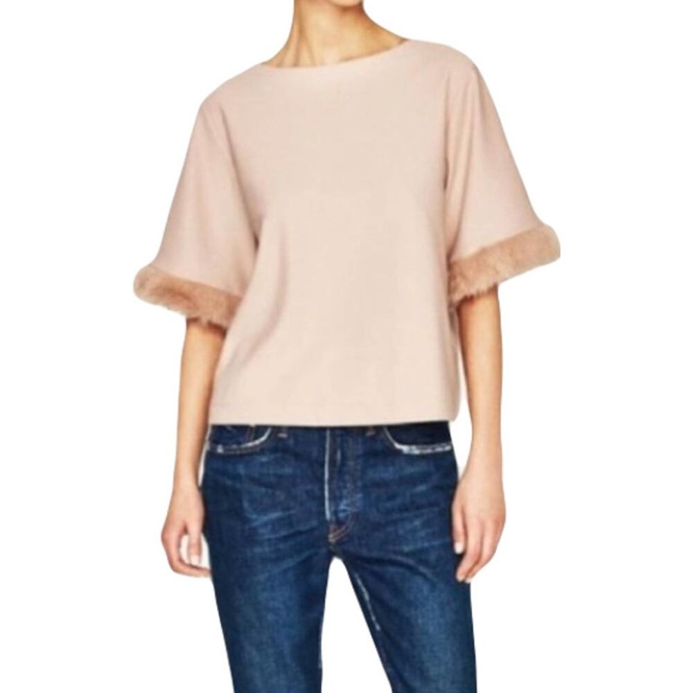 NWOT ZARA Blouse Top Women M Beige Half-Sleeve Faux Fur Trim Cuffs Boxy Fit